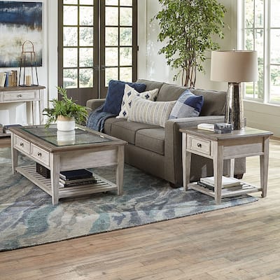 Heartland Antique White Living Room Table Set 3 Piece with Coffee Table, Side Tables