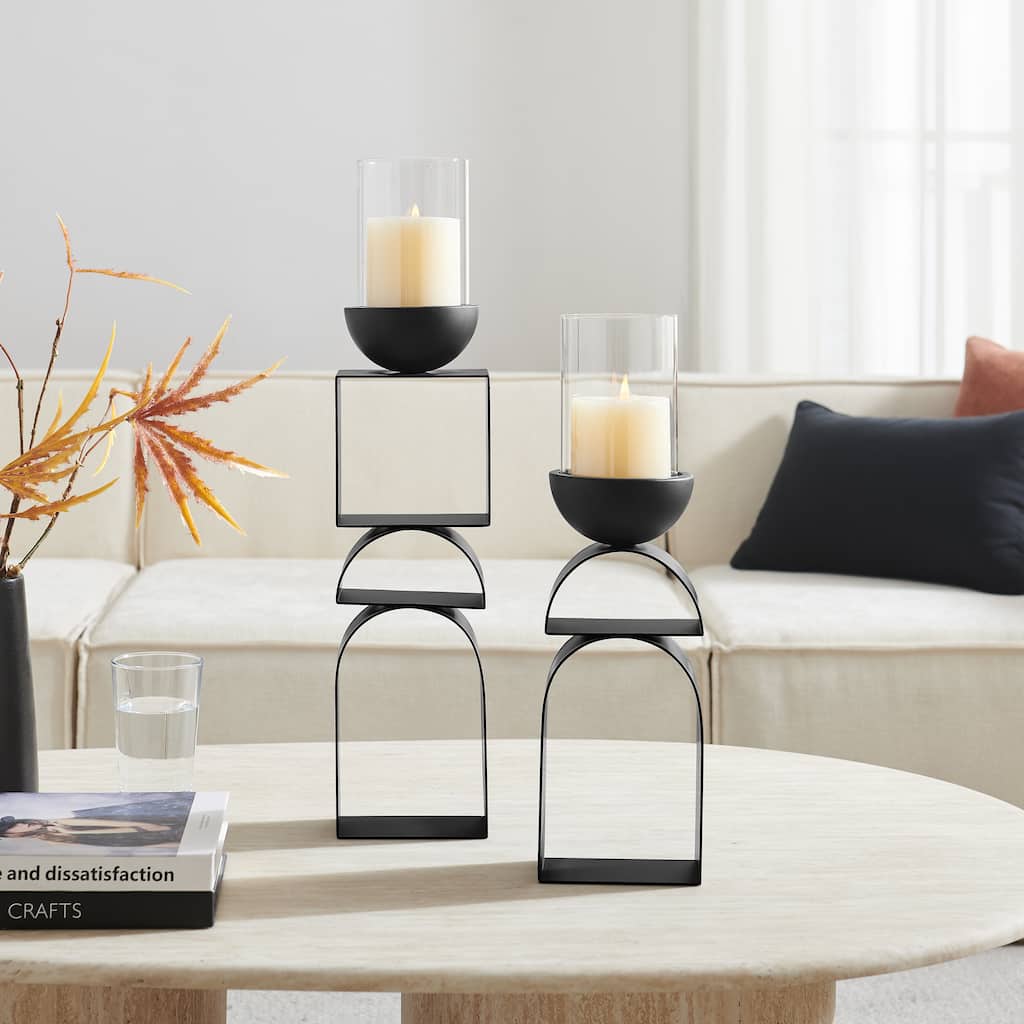 Black Geometric Pedestal Tabletop Candle Holders Set of 2