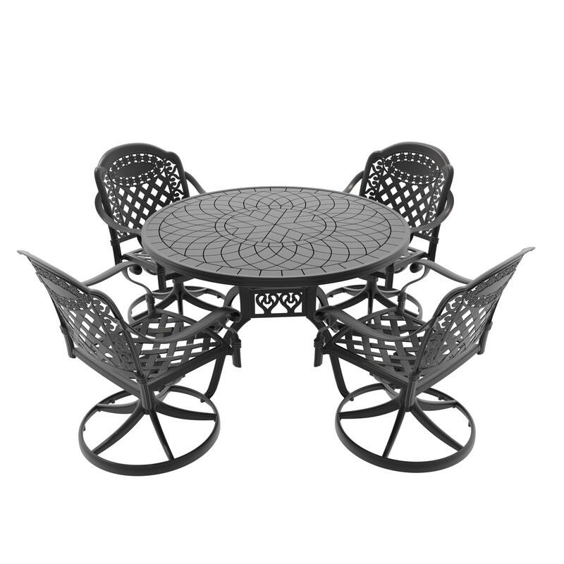 5-Piece Aluminum Round Outdoor Patio Dining Set, 4 Cushioned Swivel Chairs, Table, All-Weather Frames