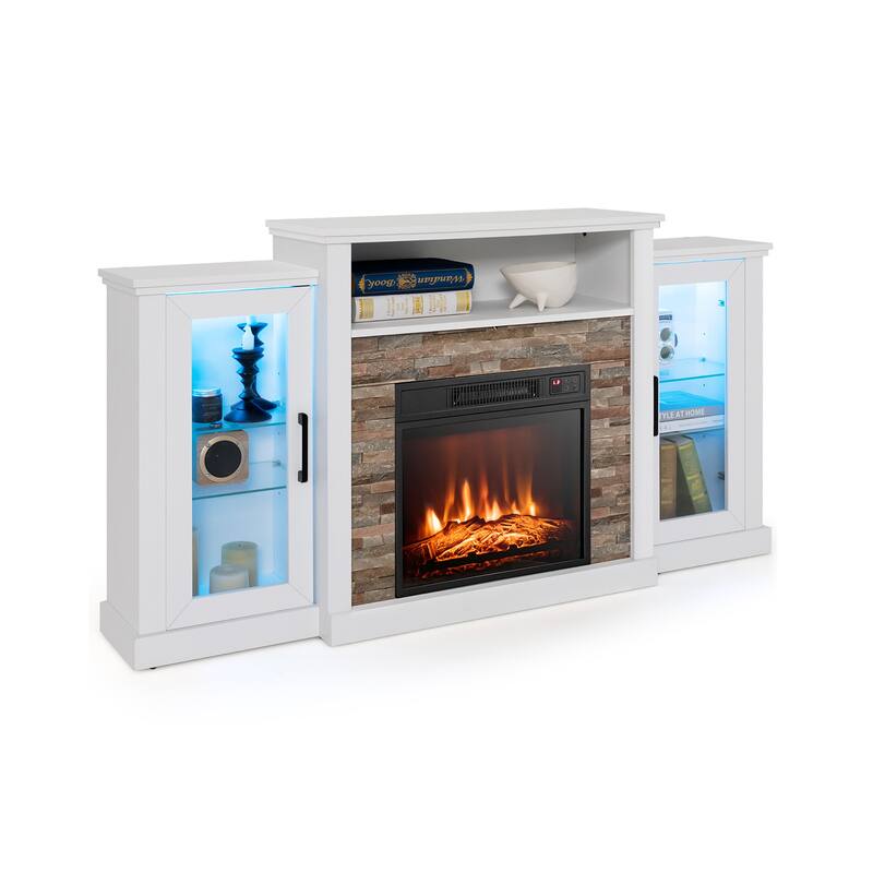 Electric Fireplace TV Stand with 16-Color LED Lights and Adjustable Glass Shelves for Living Room - 59" x 10" x 32.5"