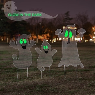 Glitzhome 40"H Set of 3 Halloween Metal Mesh Ghost Family DIY Yard Stake(Glow in Dark)
