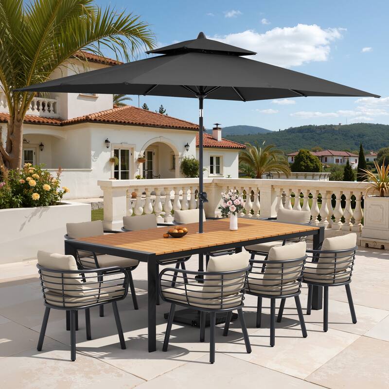 9/11-Piece Outdoor Dining Set w/10 ft Umbrella and Base Aluminum Dining Table and Chairs with Sunbrella Cushions - Set of 11 - Brown Table with Black Umbrella