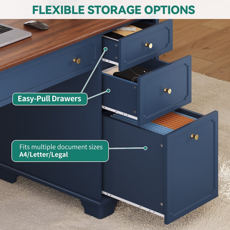 Moasis Farmhouse 59" Executive Desk with Drawers and Power Outlets Home Office Computer Desk