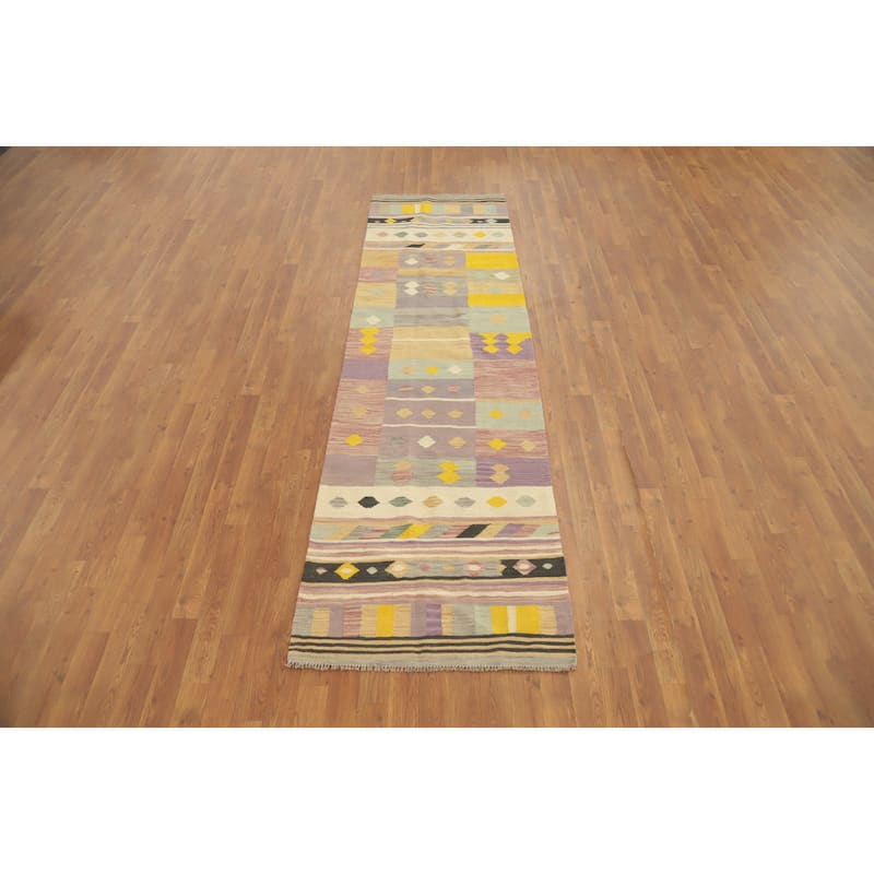 Hand Woven Oriental 100% Wool Carpet Southwestern Modern Multi-Colored Kilim Runner Rug - 9' 7'' X 2' 8''