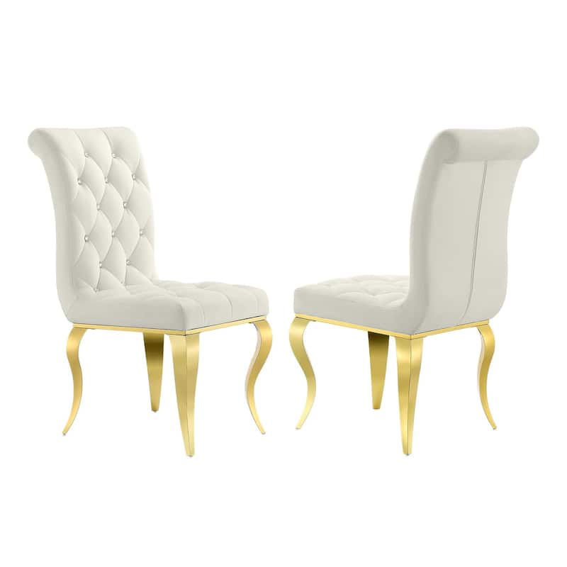 Velvet Upholstered Chairs with Crystal Decor Button Tufted back and Mirror metal Cabriole Legs - White/Gold