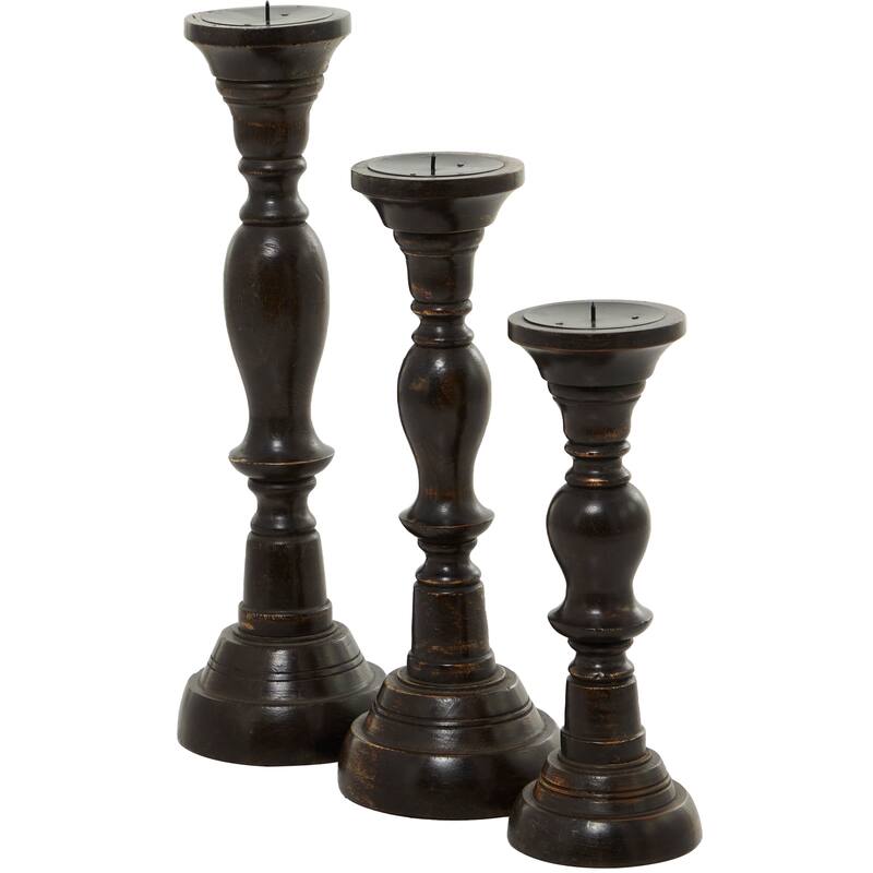 Mango Wood Candle Holder - Set of 3 Black - Roche River Decor - 6"W x 6"L x 18"H
