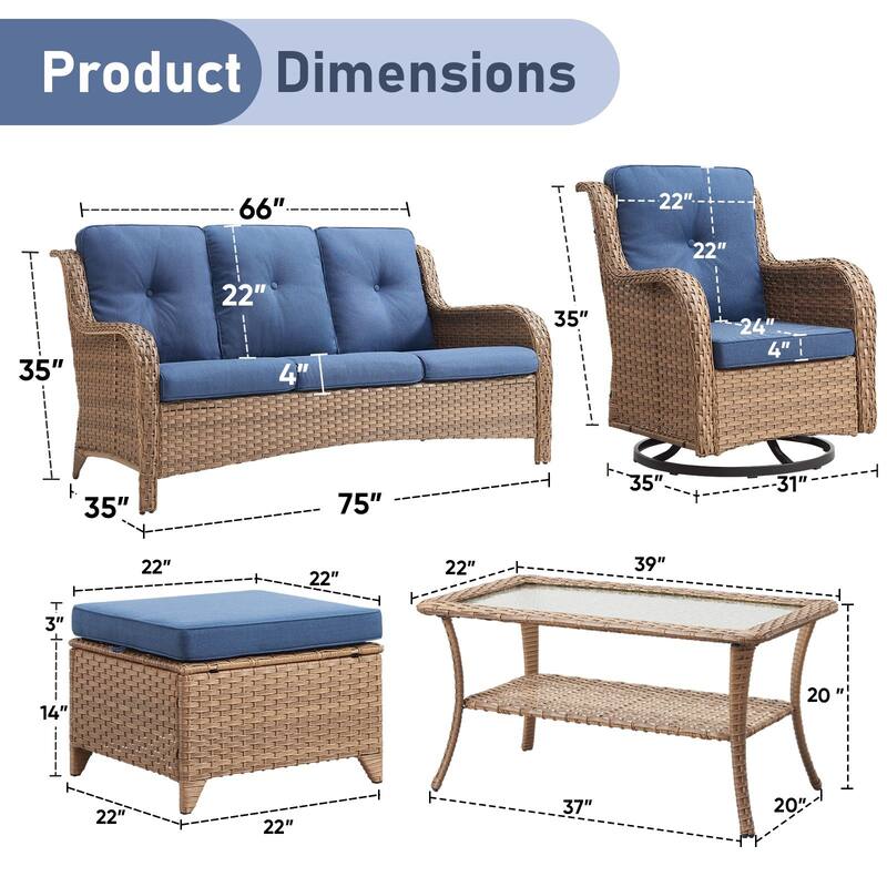 Pocassy Outdoor 4 Inch Sofa Swivel Chairs Table Ottoman