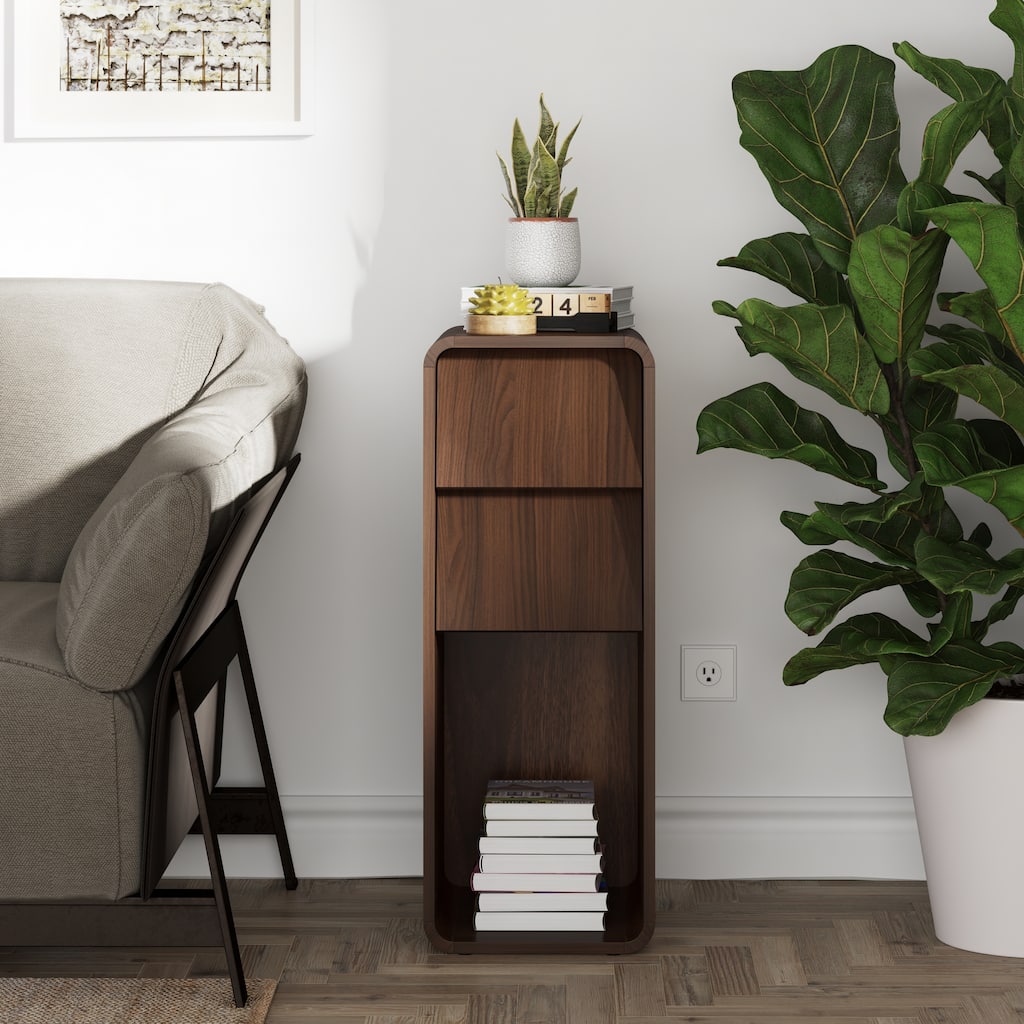 COZAYH Modern Farmhouse End Table with 2 Drawers and Open Storage, Curved Wood Side Table, Narrow Sofa Table