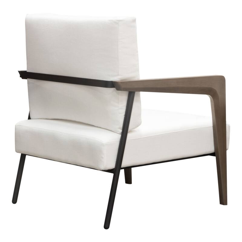 Deni Accent Armchair, White Polyester Linen Seat, Curved Wood Legs