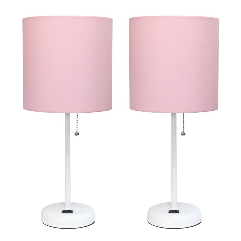 19.5 in. White Finish Table Lamp with Pink Shade, Durable Stick Lamp for End/Side Tables, Set of 2