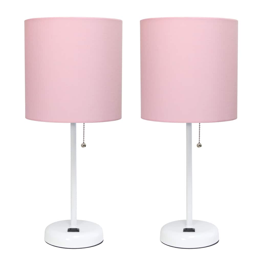 19.5 in. White Finish Table Lamp with Pink Shade, Durable Stick Lamp for End/Side Tables, Set of 2