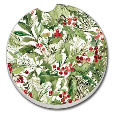 Counterart Absorbent Stoneware Car Coaster, Cardinal Greenery, Set of 2 - 2.5