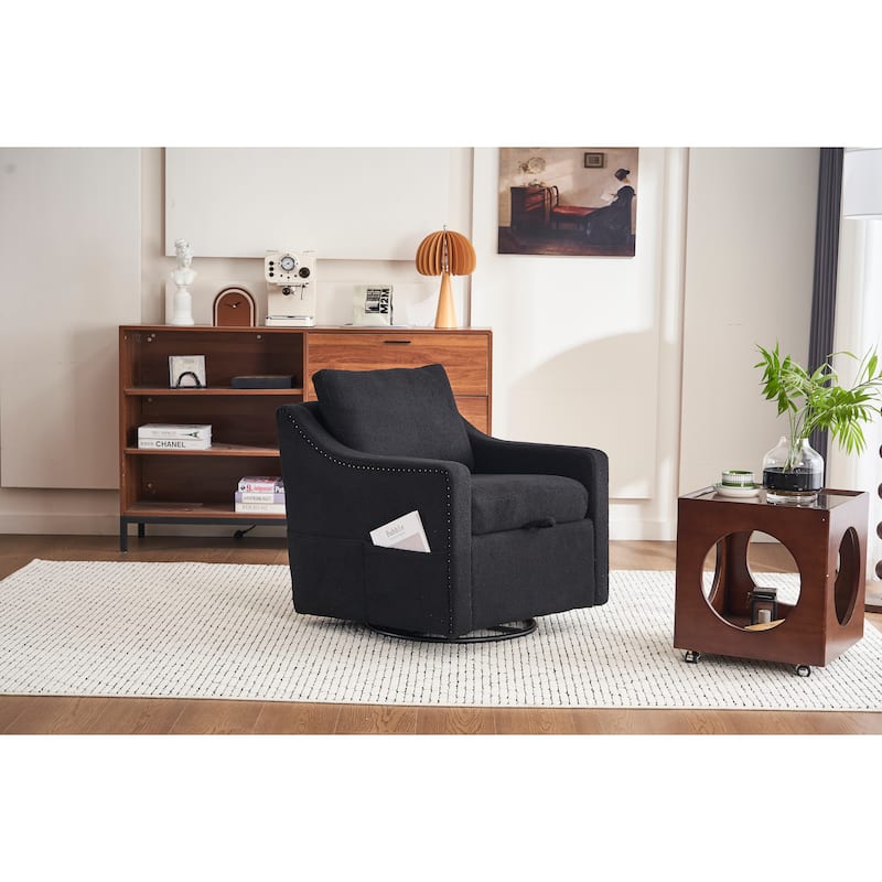 Teddy Upholstered Swivel Accent Chair, Single Sofa Chair with High Backrest, Lounge Armchair with Metal Base & Side Pocket