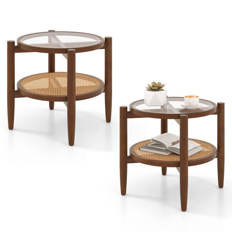 Gymax 2 PCS 2-Tier Round Side End Table PE Rattan Nightstand Tempered - Brown - Wood
