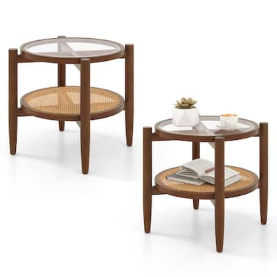 Gymax 2 PCS 2-Tier Round Side End Table PE Rattan Nightstand Tempered