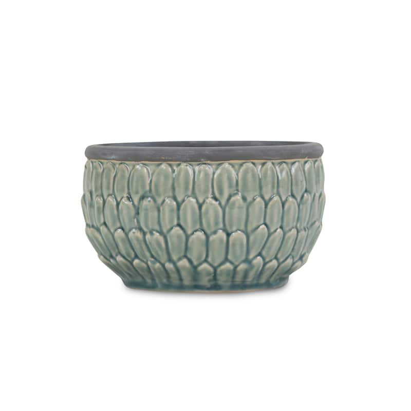 Blue Ceramic Round Pot with an Overlapping Leaf Pattern