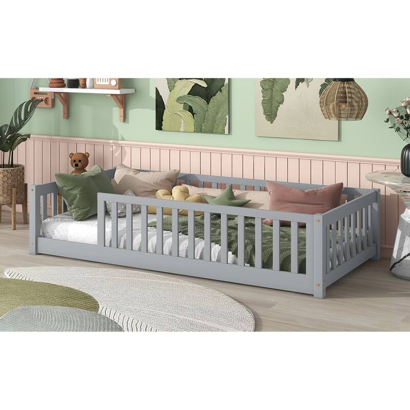 Roomfitters Twin Rubber Wood Floor Bed with Fence, Safety Guardrails, Low Profile Platform Design