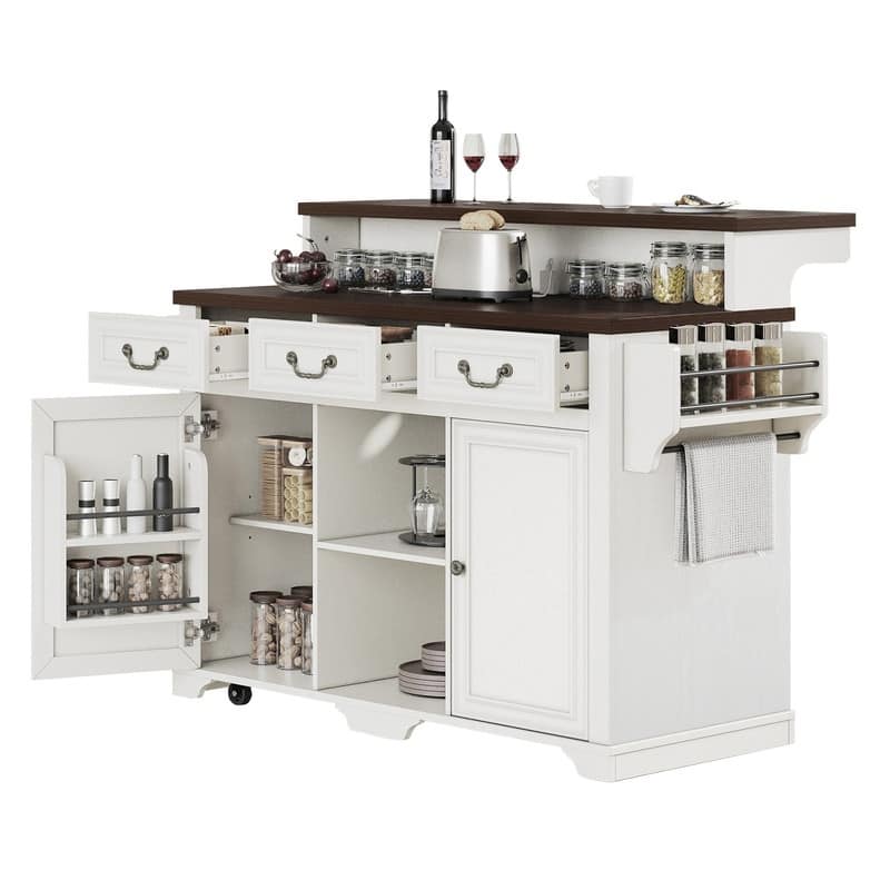 Farmhouse 53.2" Kitchen Island with Power Outlet, Rolling Island Table, Bar Cabinet with Storage 4 Door Shelves and 3 Drawers