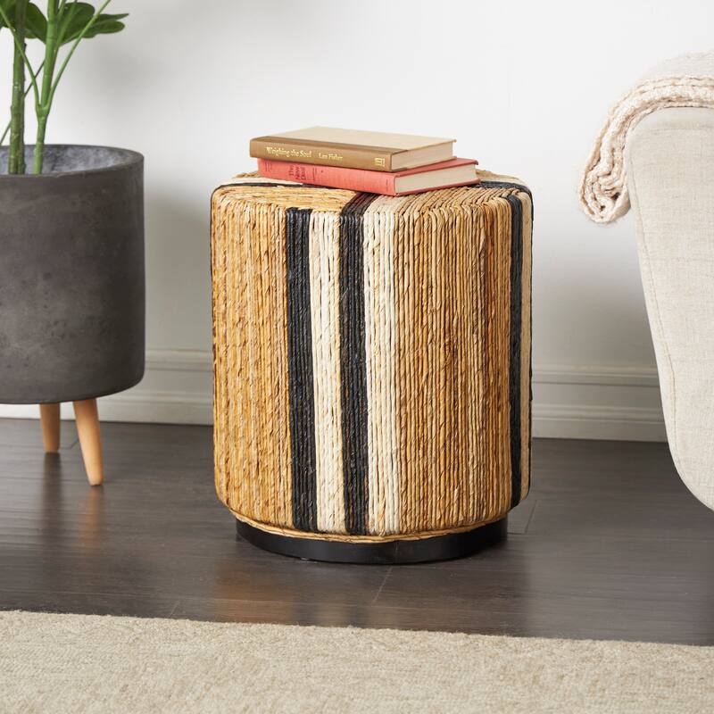 Brown Banana Leaf Handmade Linear Wrapped Accent Table with Navy Stripes