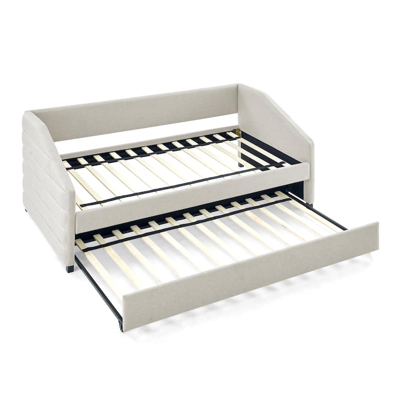 Linen Fabric Upholstered Daybed with Pull-Out Trundle or Storage Drawers, Tufted Sofa Bed Frame with Wood Slat Support