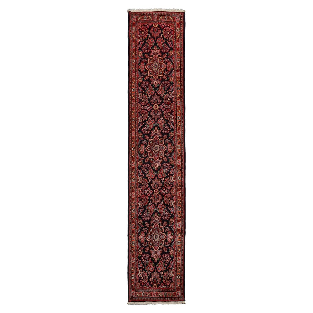 2'3''x11 Runner Hand Knotted Wool Navy Hamedan Traditional Rug - 2' 3'' x 11'