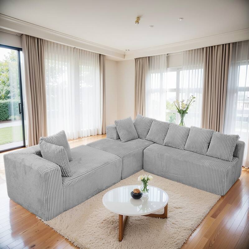 Modular U-Shaped Sectional Sofa,130-inch 4-Seater Chaise Lounge with Reversible Design, Striped Corduroy Fabric in Gray