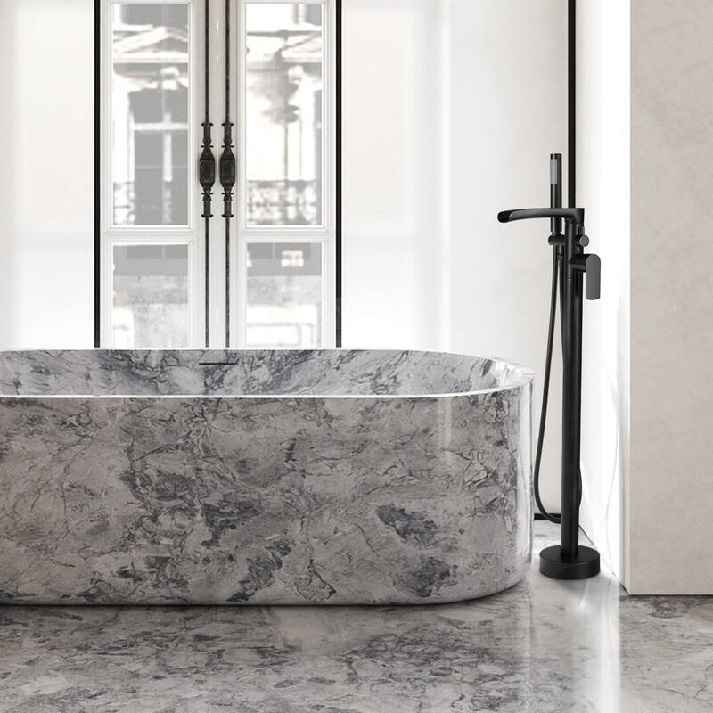 Single Handle Floor Mounted Freestanding Waterfall Tub Filler with Handheld Shower - Matte Black