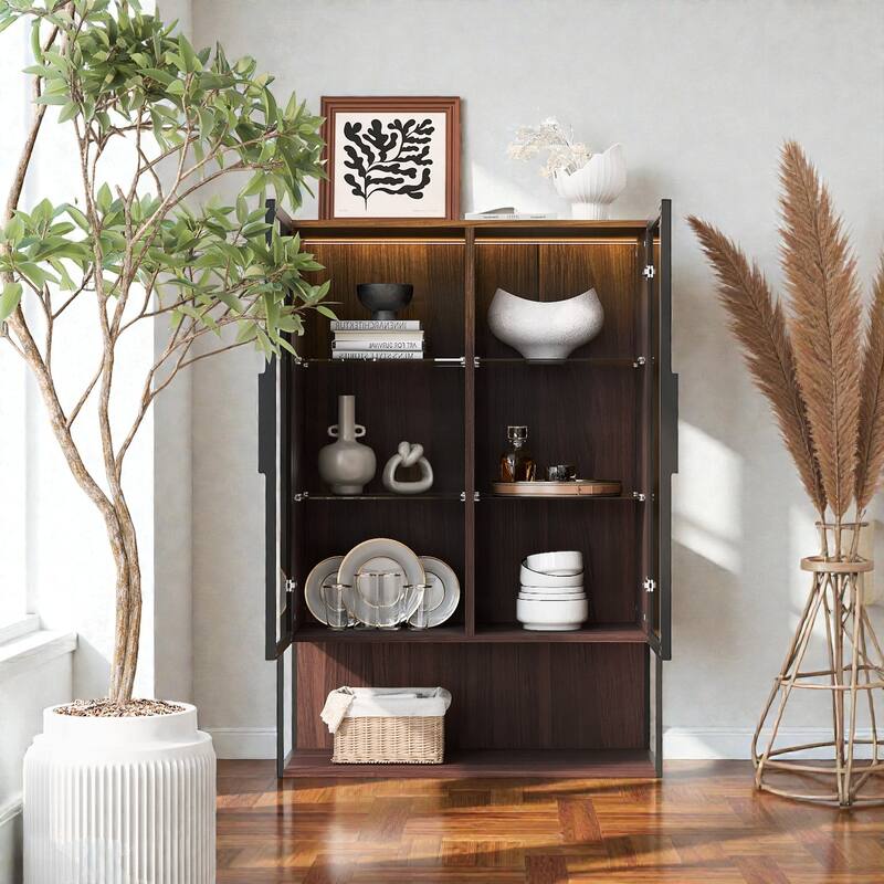 51.2'' Lighted Display Cabinet with Glass Doors, 4-Tier Adjustable Tempered Shelves & Metal Frame for Living Room or Kitchen