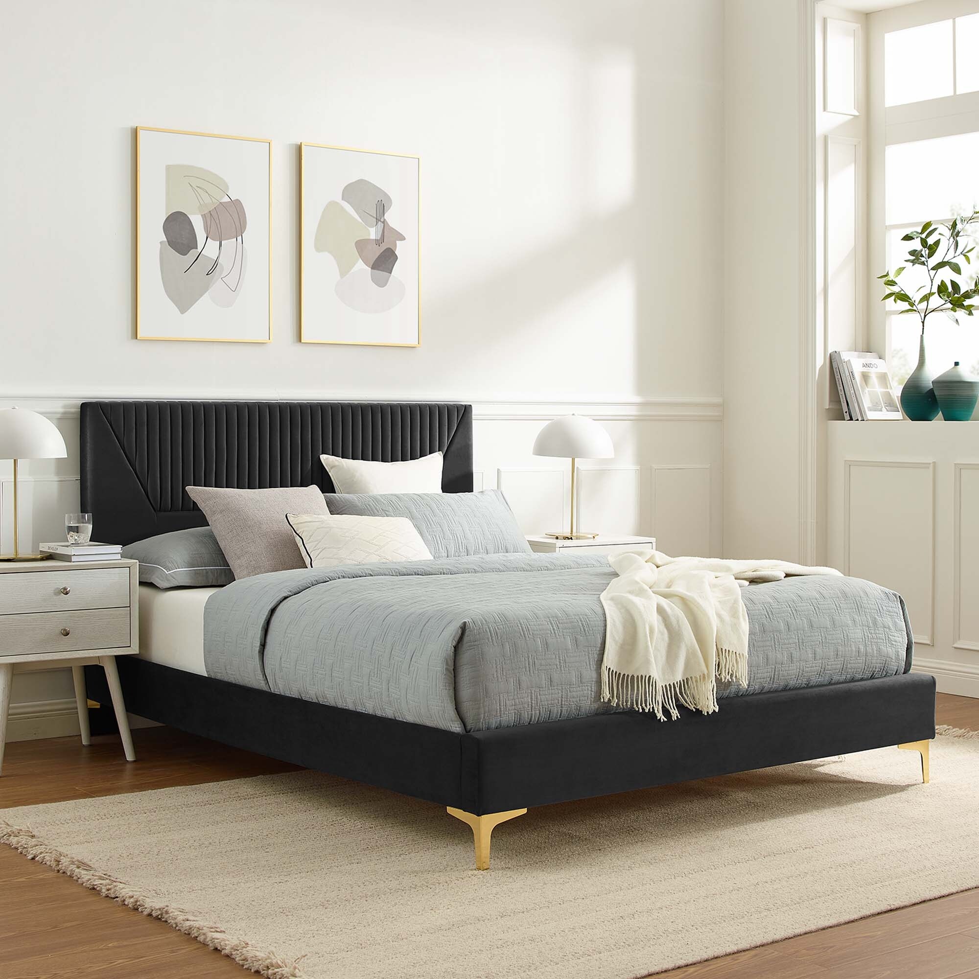 Yasmine Channel Tufted Performance Velvet King Platform Bed Yasmine Channel Tufted Performance Velvet King Platform Bed