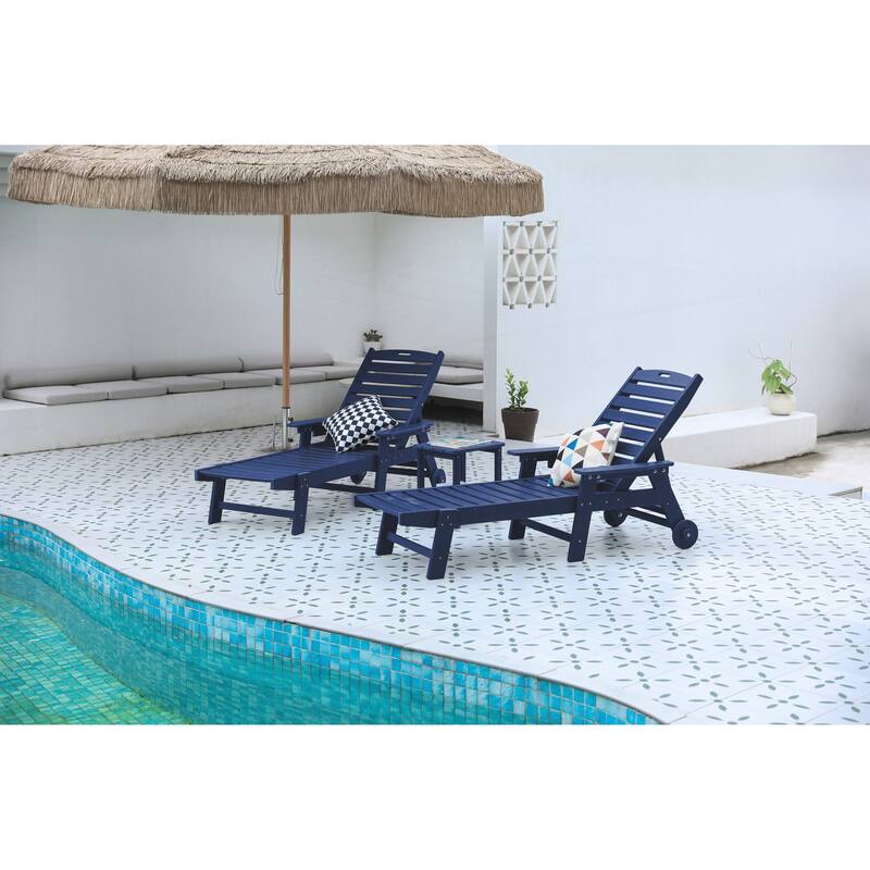 3-Piece Oversized Chaise Lounge Chair Set with Wood Texture - Navy Blue