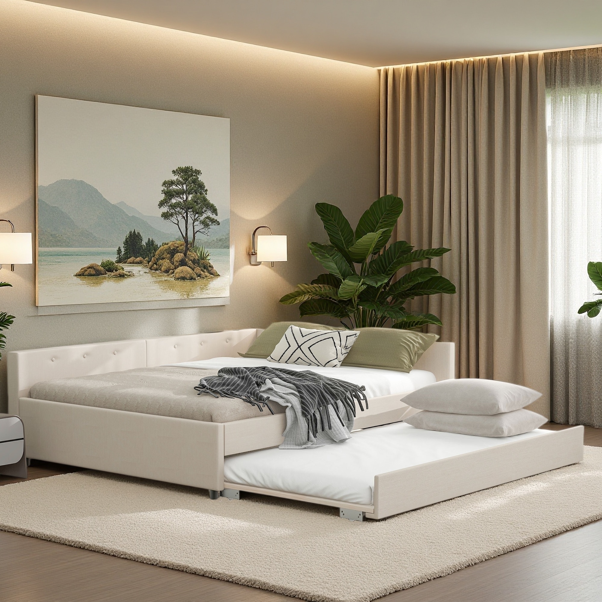 Upholstered Platform Bed with USB and Twin Trundle