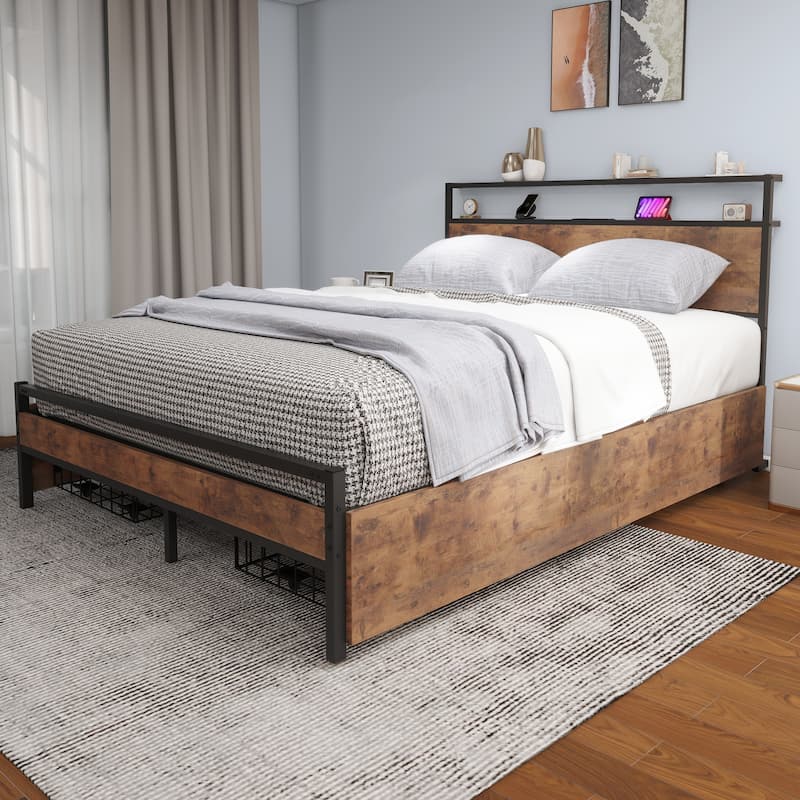 Moasis Queen Metal Platform Bed with LED Wooden Headboard