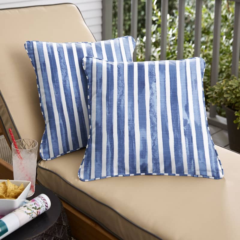 Sorra Home Blue and White Stripe Indoor/Outdoor Corded Square Pillows (Set of 2) - 18 x 18 x 6 - Nelson Commodore Blue