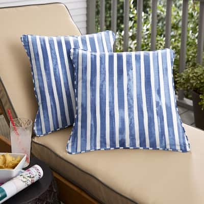 Sorra Home Blue and White Stripe Indoor/Outdoor Corded Square Pillows (Set of 2)