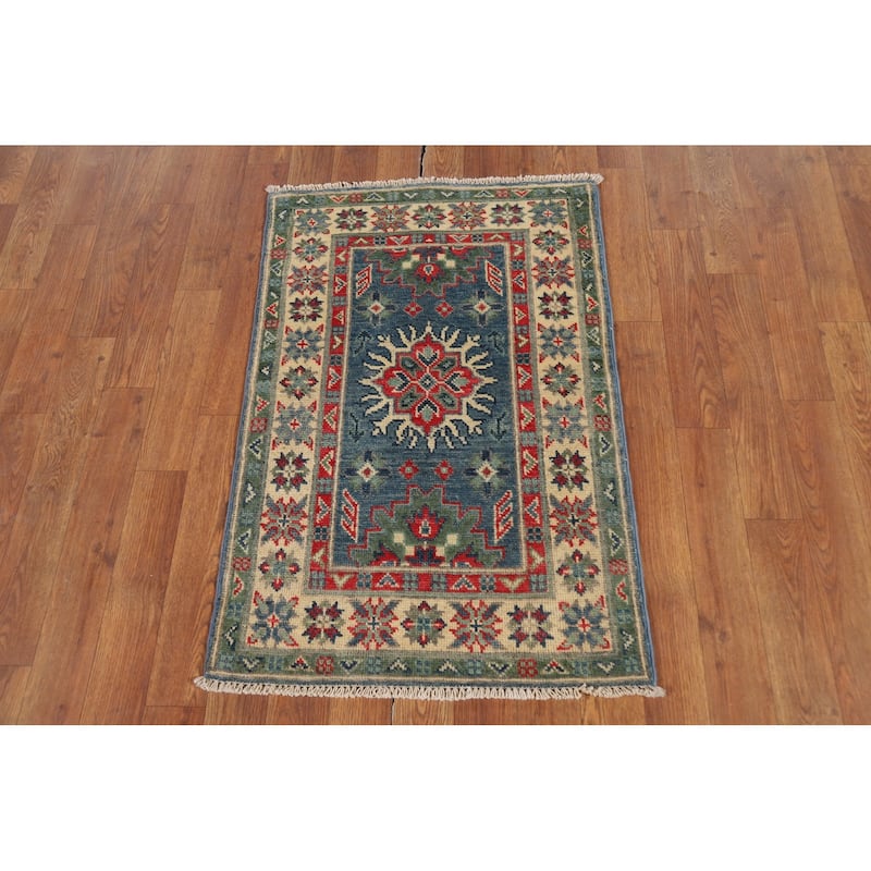 Blue Kazak Oriental Accent Rug Hand-Knotted Wool Carpet - 2'0" x 3'0"