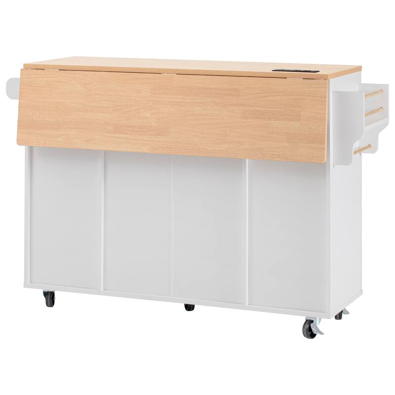 55.5"Fluted Kitchen Island with Storage,with Drop Leaf, Power Outlet, 4 Doors and 3 Drawers, Rolling Island with Wood-grain Top