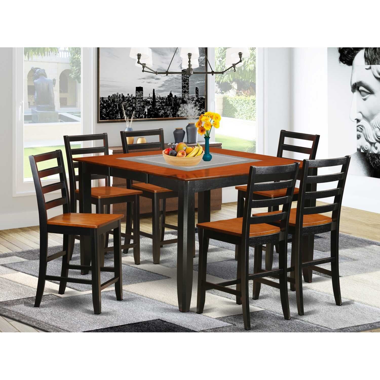 Counter Height Dining Set 7 Piece - Kitchen Pub Table & Chairs - 54 Inch Square Modern Design
