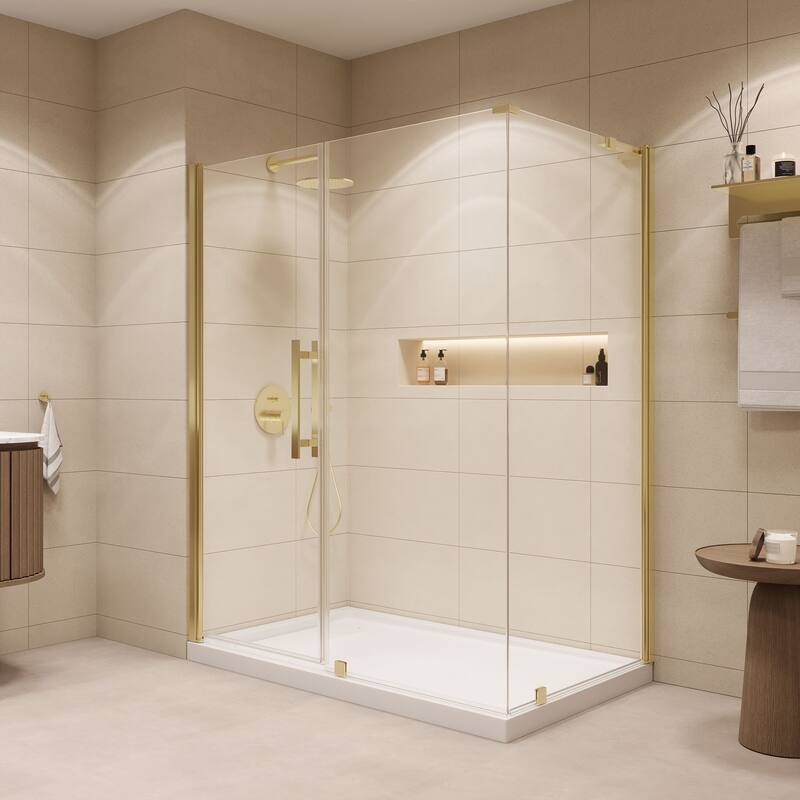 OVE Decors Pasadena Corner Frameless Pivot Shower Door Kit with Base Pan, 2025 - 60" - Brushed Gold