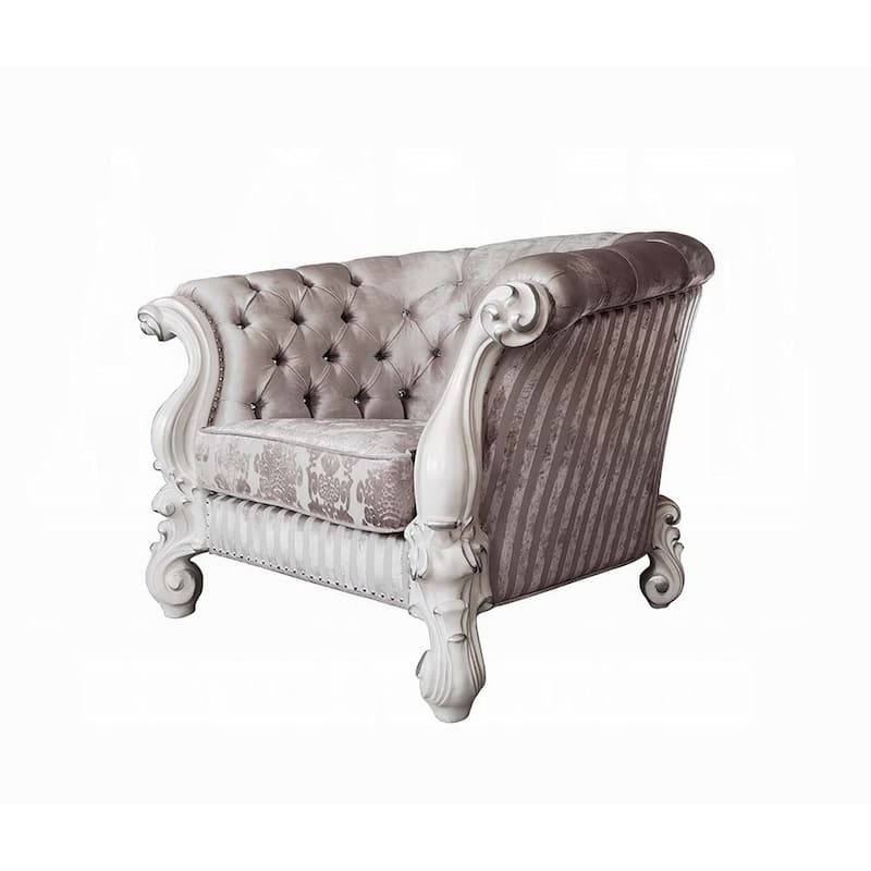 Kai Accent Chair, 2 Pillows, Tufted Ivory Fabric, Scrolled, White Wood