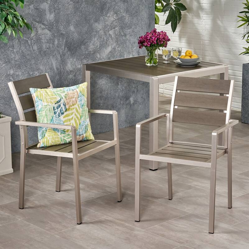 Roomfitters Modern Outdoor Aluminum Dining Chairs with Faux Wood Seat and Rust Resistant Frame, Grey, Set of 2 - Grey+Silver