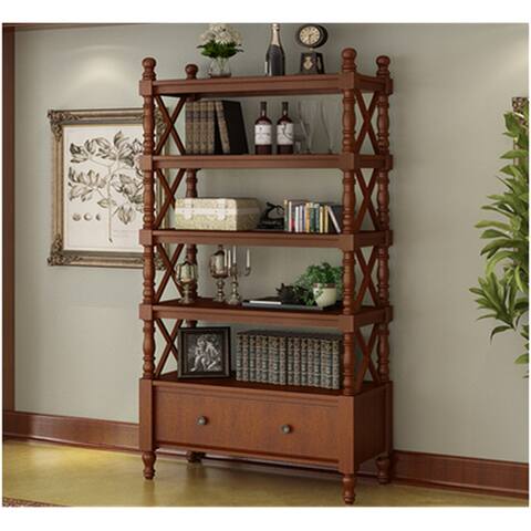 Solid Wood Bookcase, 5-Tier Tall Bookshelf with Storage Drawer, Etagere Display Shelves