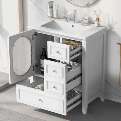 30" Bathroom Vanity with Sink, Bathroom Vanity Cabinet with Three Drawers and Door, Solid Wood and MDF, White