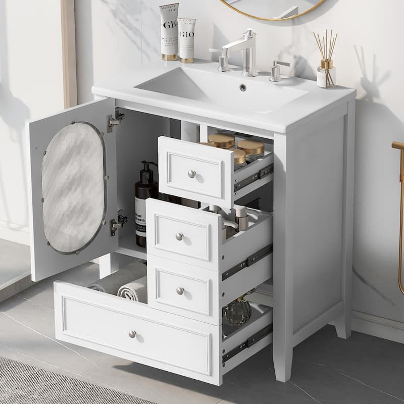 Modern Bathroom White Vanity with Sink, Oval Hazy Glass Door Cabinet and 3 Different-sized Drawers for Various Styles