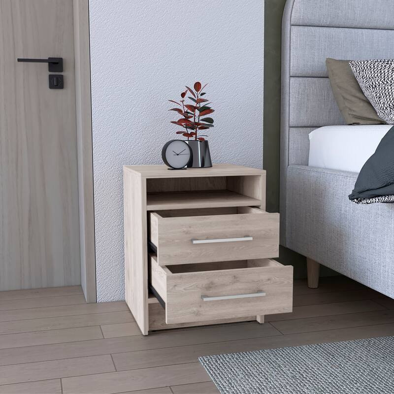 Compact Modern 2-Drawer Nightstand End Table with Superior Top Shelf for Bedroom or Living Room Storage
