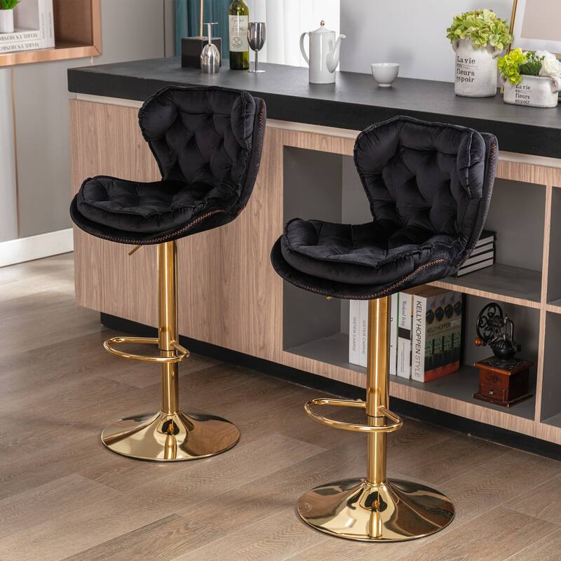 Set of 2 Adjustable Swivel Bar Stools, Black Velvet with Chrome Footrest & Gold Legs