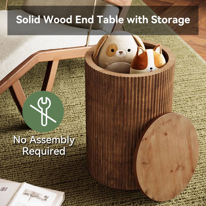 Solid Wood Round Side Table with Storage, 4 Wheels, Fully Assembled