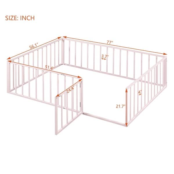 dimension image slide 1 of 2, Full Size Metal Floor Bed Frame with Fence and Door for Kids
