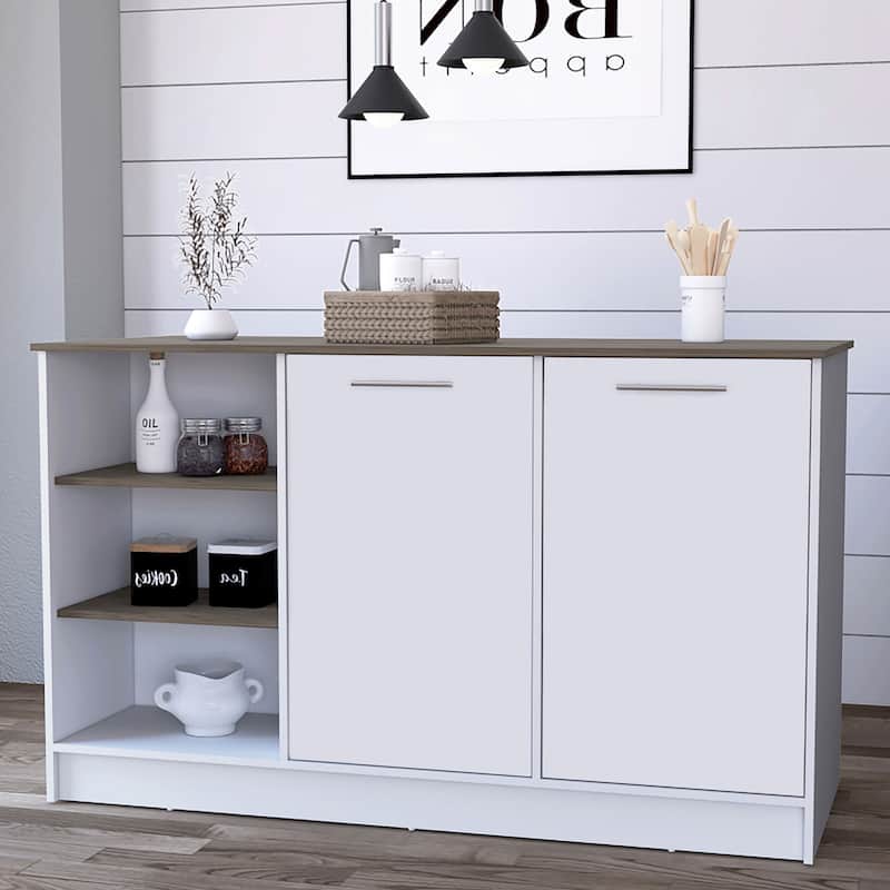 White and Dark Brown Kitchen Island, Two Cabinets, Three Open Shelves for Storage - Multicolor