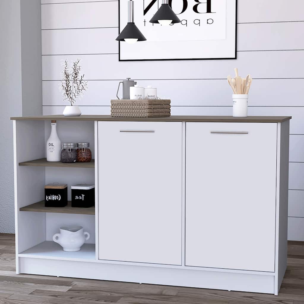 White and Dark Brown Kitchen Island, Two Cabinets, Three Open Shelves for Storage