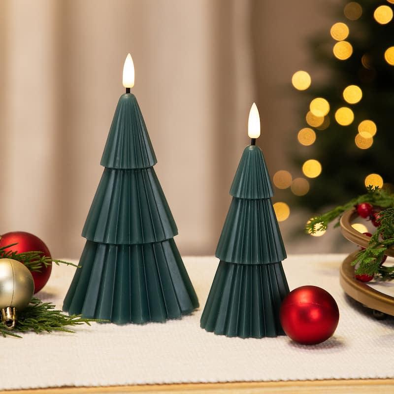 Ribbed Flickering LED Flameless Christmas Tree Wax Candles - 6" - Green - Set of 2